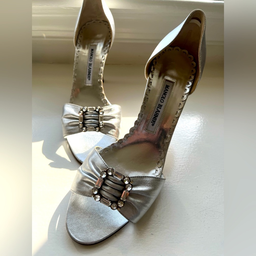 Manolo Blahkik silver d’orsay pump with crystal embellishments